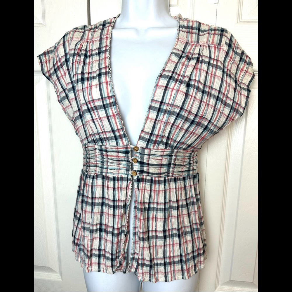 FREE PEOPLE Plaid Crinkle Top Blouse Shirt Ruched Waist Buttons Ivory Pink Blue